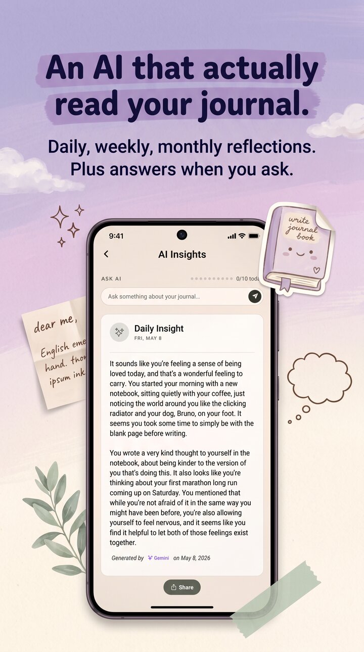 Reflect AI insights screen on iPhone showing a Daily Insight written by Gemini
