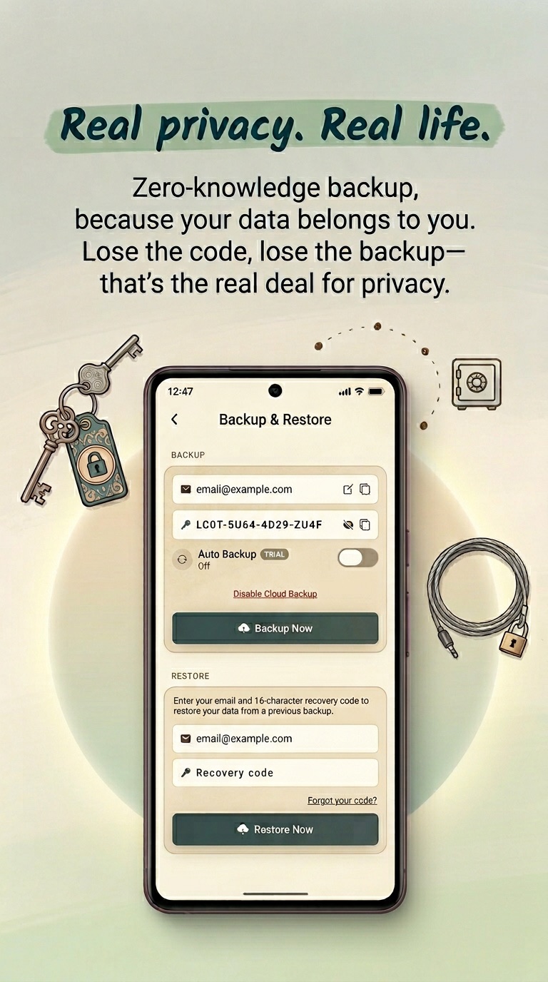 Reflect Backup & Restore screen — recovery code unlocks encrypted backup, illustrated with keys and a locked cable