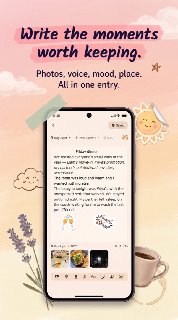 Reflect home screen on iPhone, showing an encrypted diary entry with mood tags