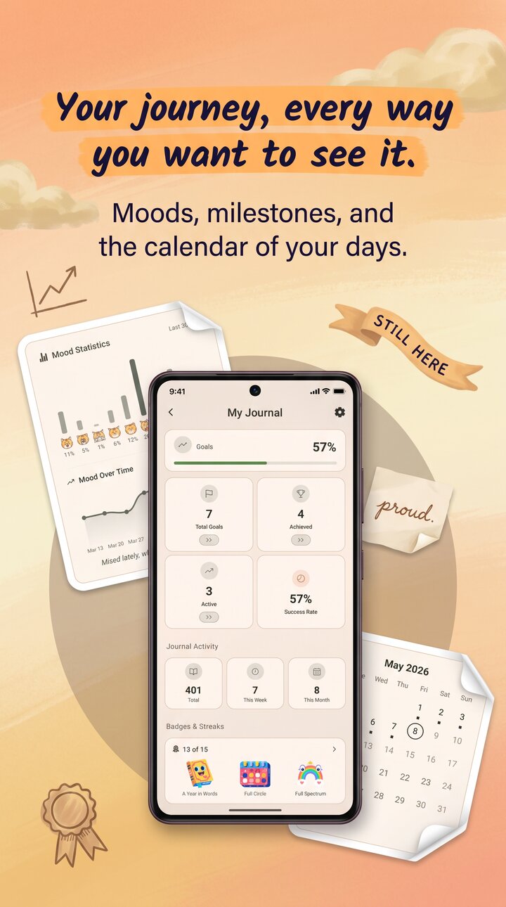 Reflect Journey stats screen showing mood and writing streak over time — Daylio's charts are deeper for mood-only tracking