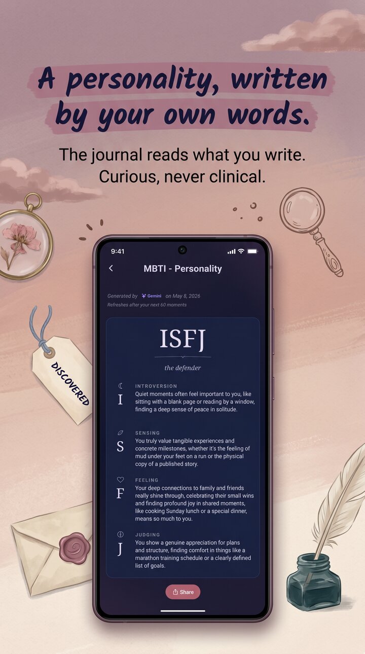 Reflect MBTI personality screen on iPhone — AI reads your entries and writes a profile