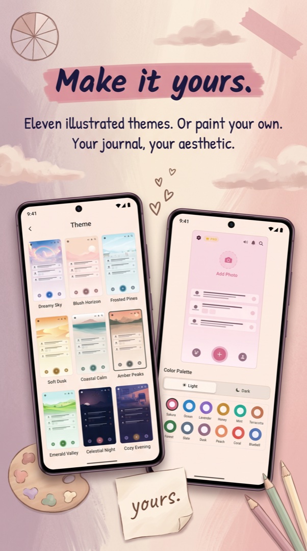 Reflect theme picker on iPhone, showing several light and dark themes